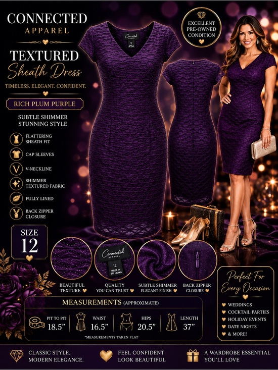 connected apparel Dresses & Skirts - Connected Apparel Purple Textured Sheath Dress Size 12